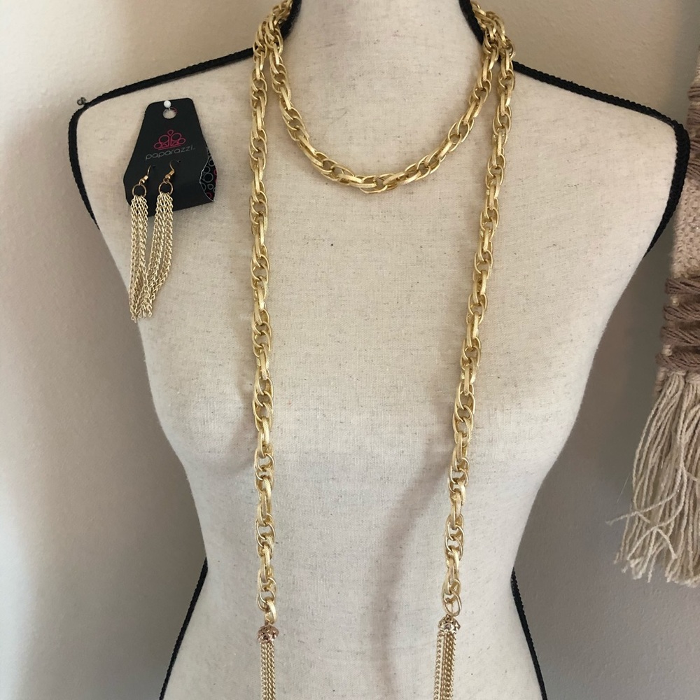 Gold braided necklace & tassel earrings